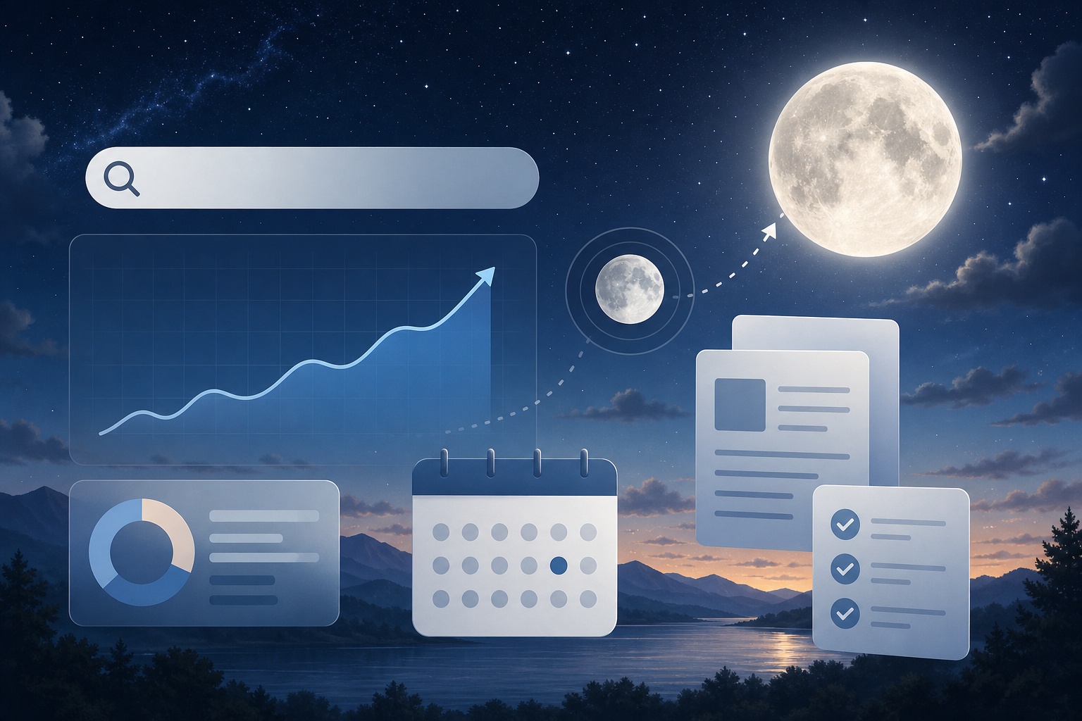 Abstract editorial illustration of search interest rising around when is the next full moon 2026